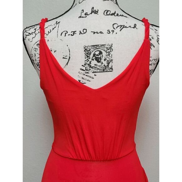 🧡 BEBE Twist Skirt Asymmetrical Hem Grecian Goddess Orange Dress Size XXS/TTP - Picture 5 of 12